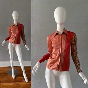 Vintage 70s Orange Retro Button Dagger Collar Disco Shiny Top Blouse S
